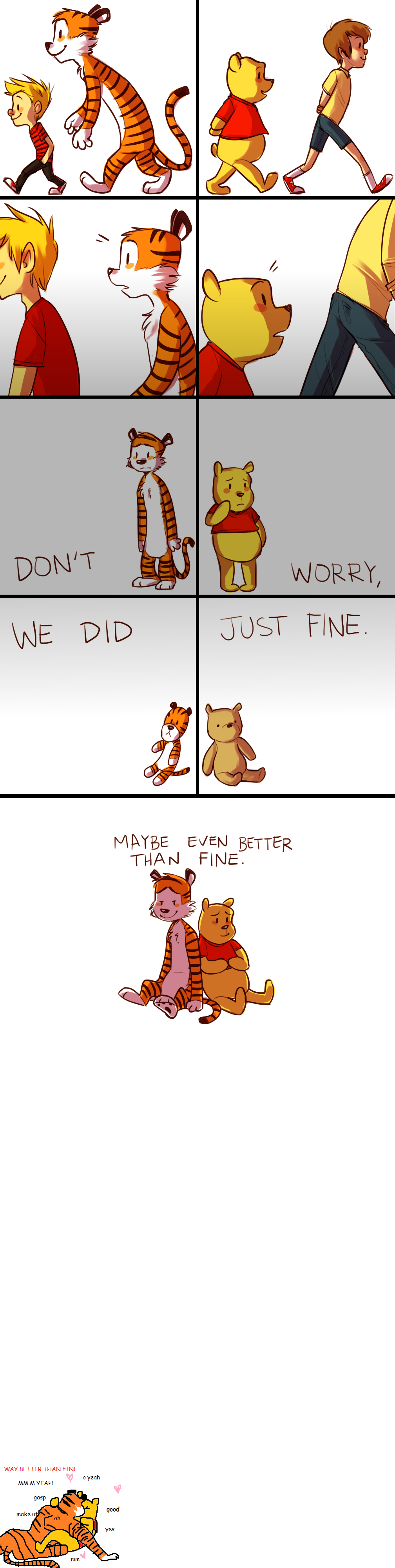 &lt;3 anthro bear calvin calvin_and_hobbes christopher_robin comic duo english_text feline gay hobbes human humor kissing lemonteaflower male mammal ms_paint older plushie pooh_bear text tiger walking what winnie_the_pooh_(franchise) young