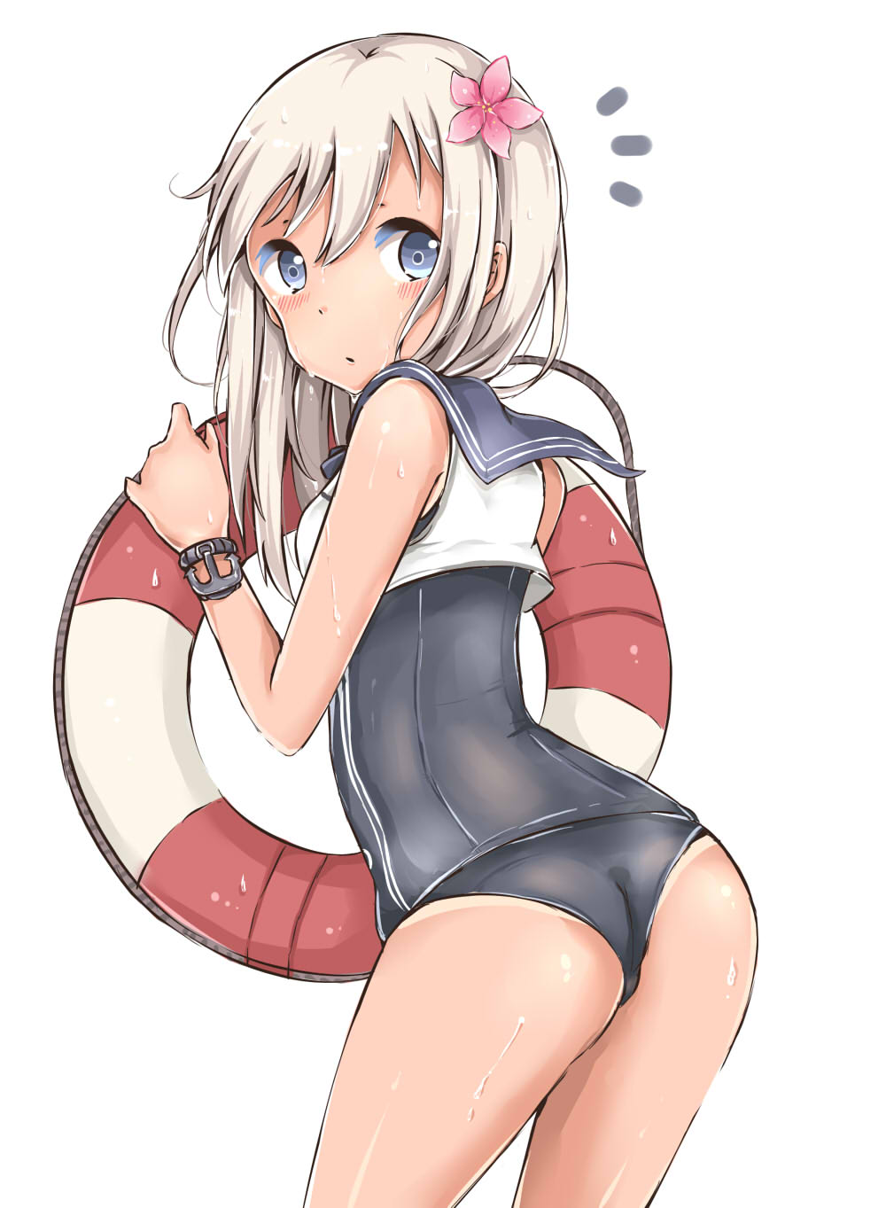 ass blue_eyes blush flower from_behind hair_flower hair_ornament highres innertube kantai_collection long_hair looking_back mo_(k40633) ro-500_(kantai_collection) school_swimsuit solo swimsuit swimsuit_under_clothes thighs wet white_hair wristband