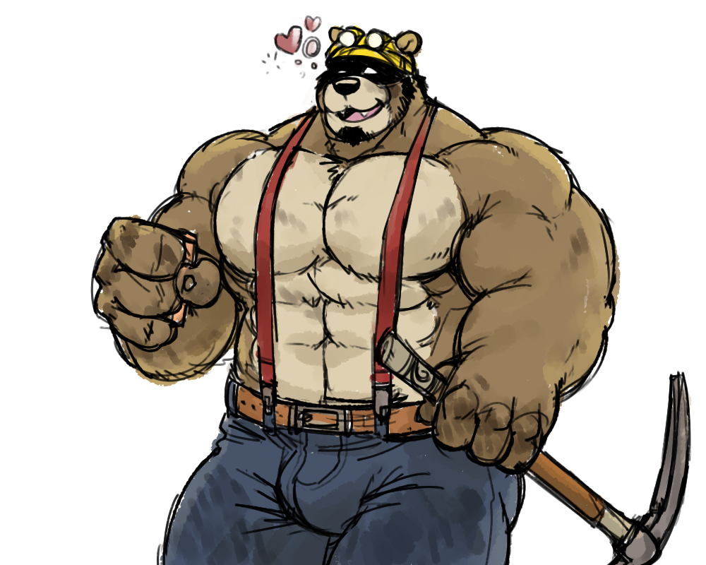 &lt;3 abs bear beard belt biceps big_muscles bulge clothed clothing drunk facial_hair helmet jarpanda male mammal muscles overalls pecs pickaxe plain_background solo standing white_background