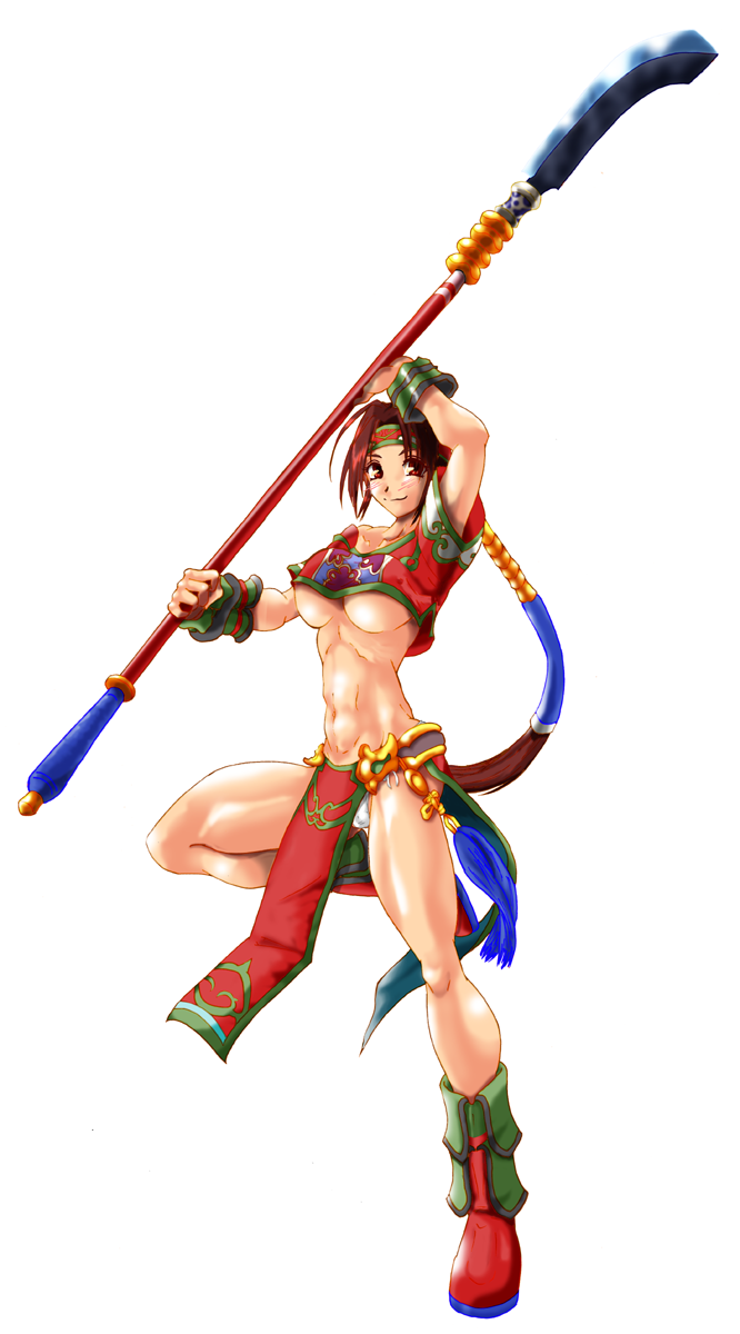 abs boots breasts brown_hair full_body headband highres korean_clothes large_breasts legs long_hair looking_at_viewer navel panties pelvic_curtain polearm red_eyes seong_mi-na smile solo soulcalibur toned u-01 underboob underwear weapon white_panties wrist_cuffs