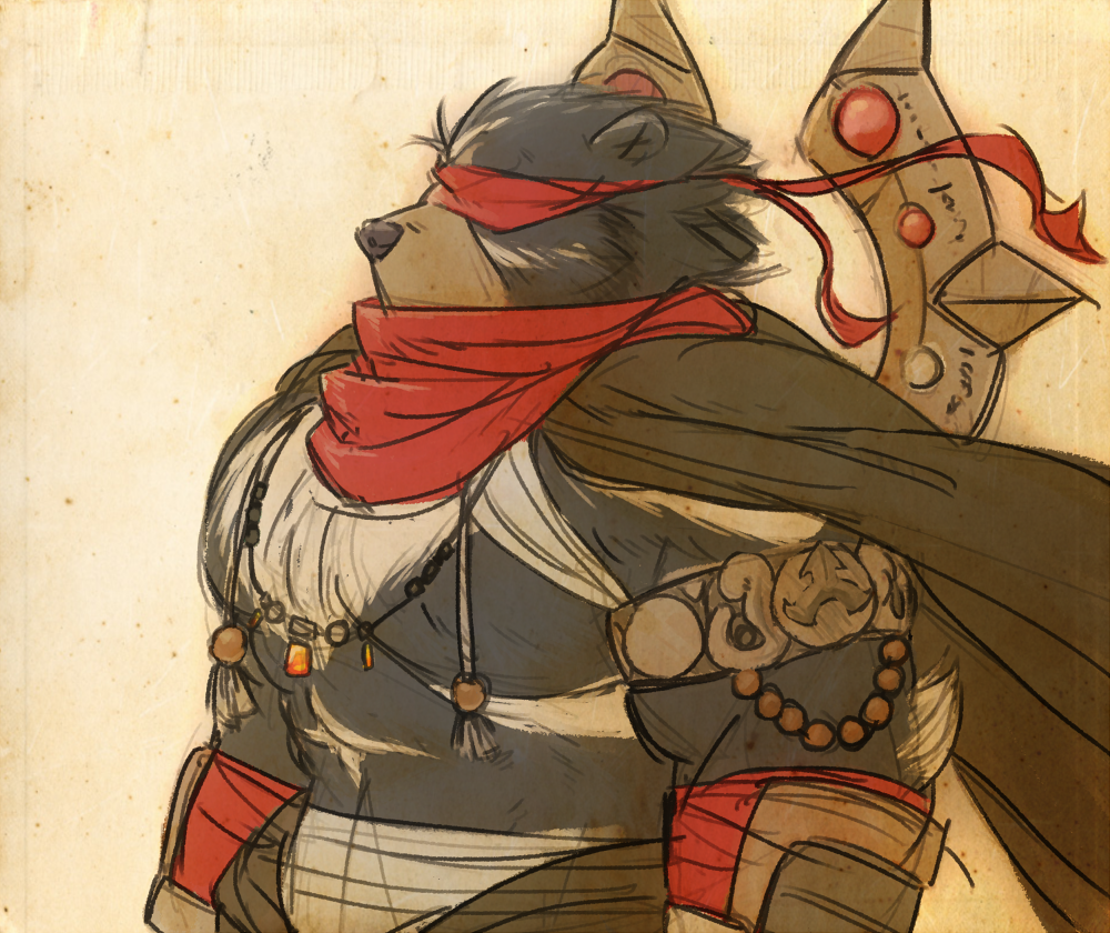 asura's_wrath bandage bear blindfold cape gauntlet jarpanda_(artist) male mammal plain_background solo video_games weapon