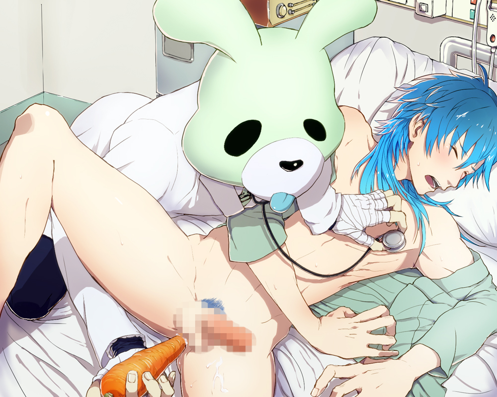 anal anal_penetration anus aoba_seragaki blue_hair blush butt carrot censored clothed clothing cum doctor dramatical_murder duo erection food furry_lifestyle fursuit gay girly hair human lagomorph long_hair male mammal mask noiz_(dmmd) nude open_mouth penetration penis rabbit unknown_artist what