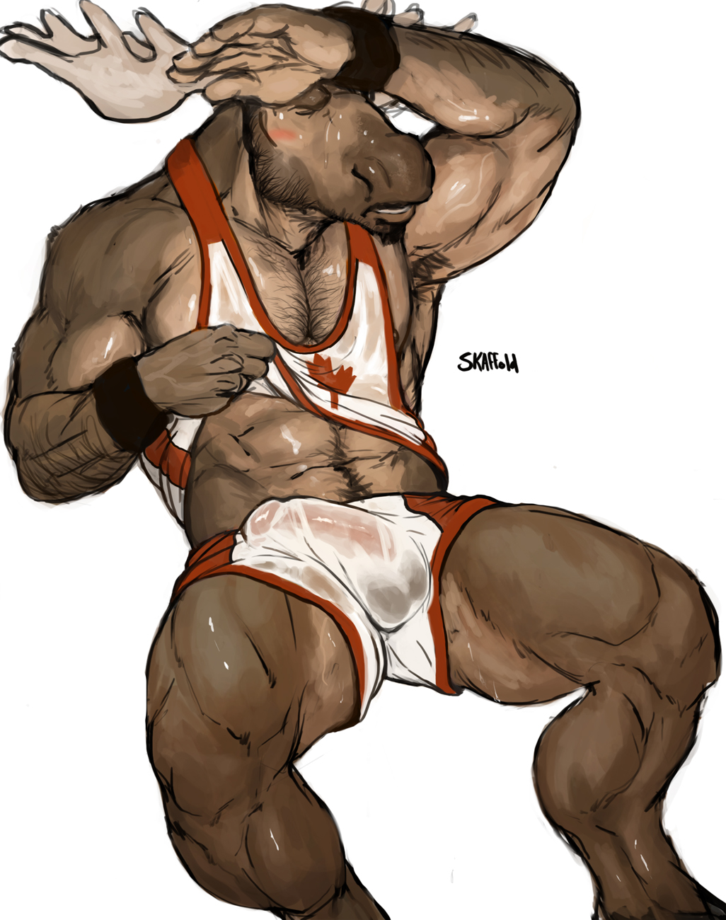 5_fingers anthro armpits blush body_hair canada cervine chest_hair clothing equine_legs eyes_closed facial_hair gym_shorts happy_trail male mammal moose muscles penis raising_shirt shirt shorts skaffold solo sweat tank_top wet_clothing wristband