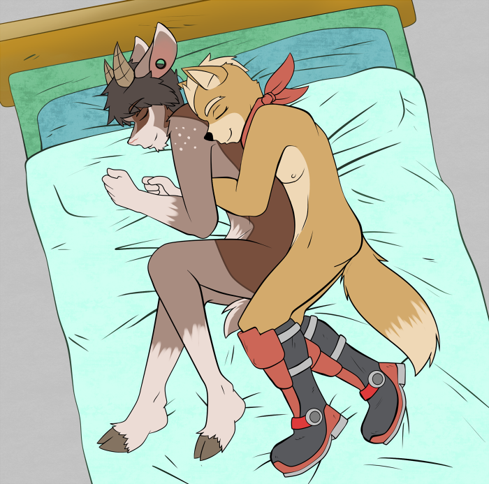 anthro bed canine caprine cuddling duo footwear fox fox_mccloud gay goat hooves horn male mammal nintendo nude sleeping spooning star_fox video_games xar7