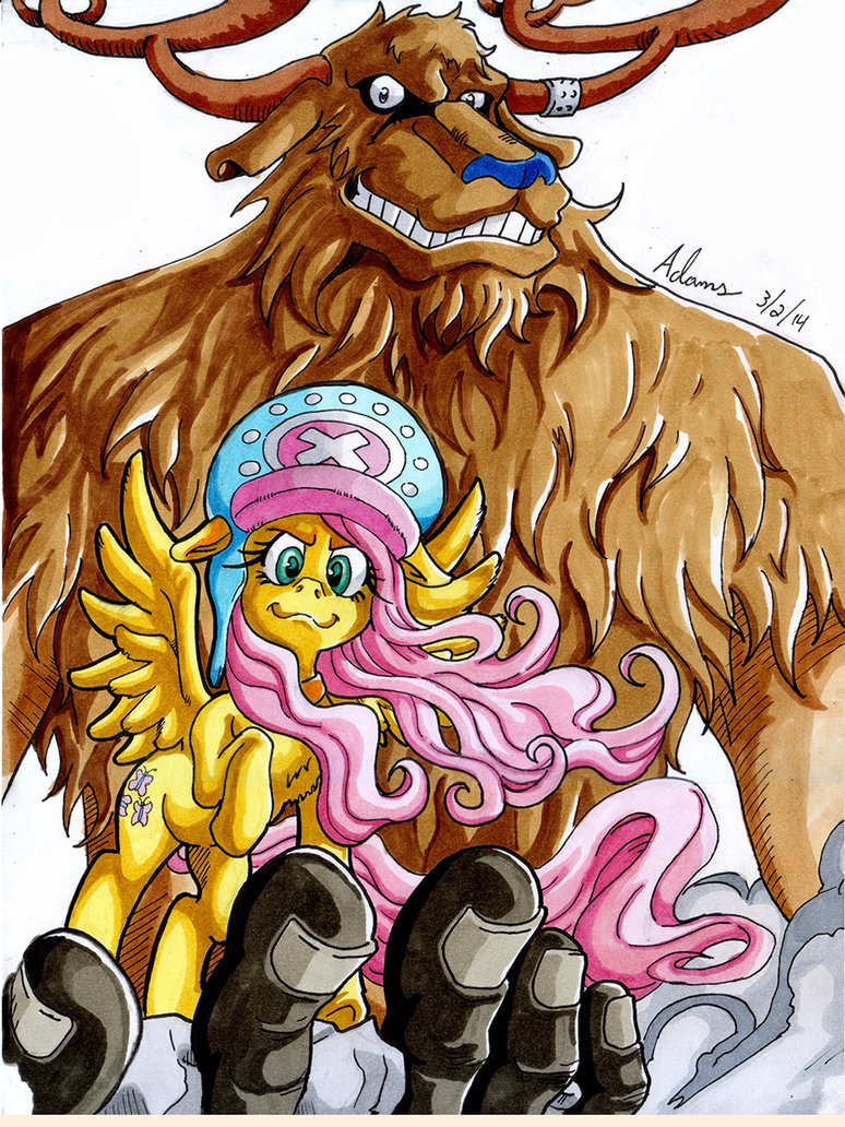 anthro cervine crossover duo equine female feral fluttershy_(mlp) friendship_is_magic grin hat horse irie-mangastudios looking_at_viewer male mammal my_little_pony one_piece pegasus pony reindeer tony_tony_chopper wings