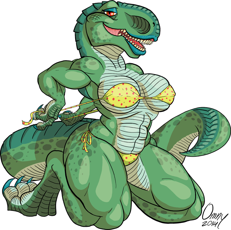 2015 alpha_channel anthro anthrofied big_breasts bikini breasts claws cleavage clothed clothing dinosaur fangs female kneeling lips lipstick muscles muscular_female nail_polish nipple_bulge omny87 plain_background red_eyes sharp_teeth slit_pupils solo swimsuit teeth transparent_background tyrannosaurus_rex