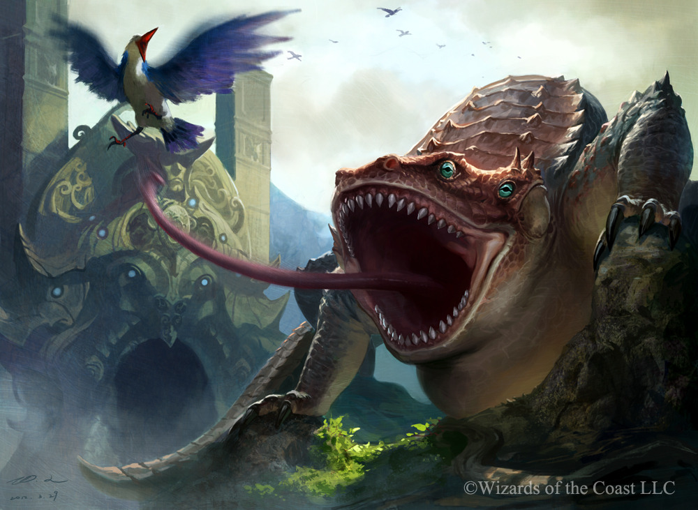 ambiguous_gender avian bird building claws duo feathered_wings feral flying hybrid jack_wang landscape long_tongue magic_the_gathering monster multiple_eyes official_art open_mouth quadruped scalie sharp_teeth signature teeth tongue wings