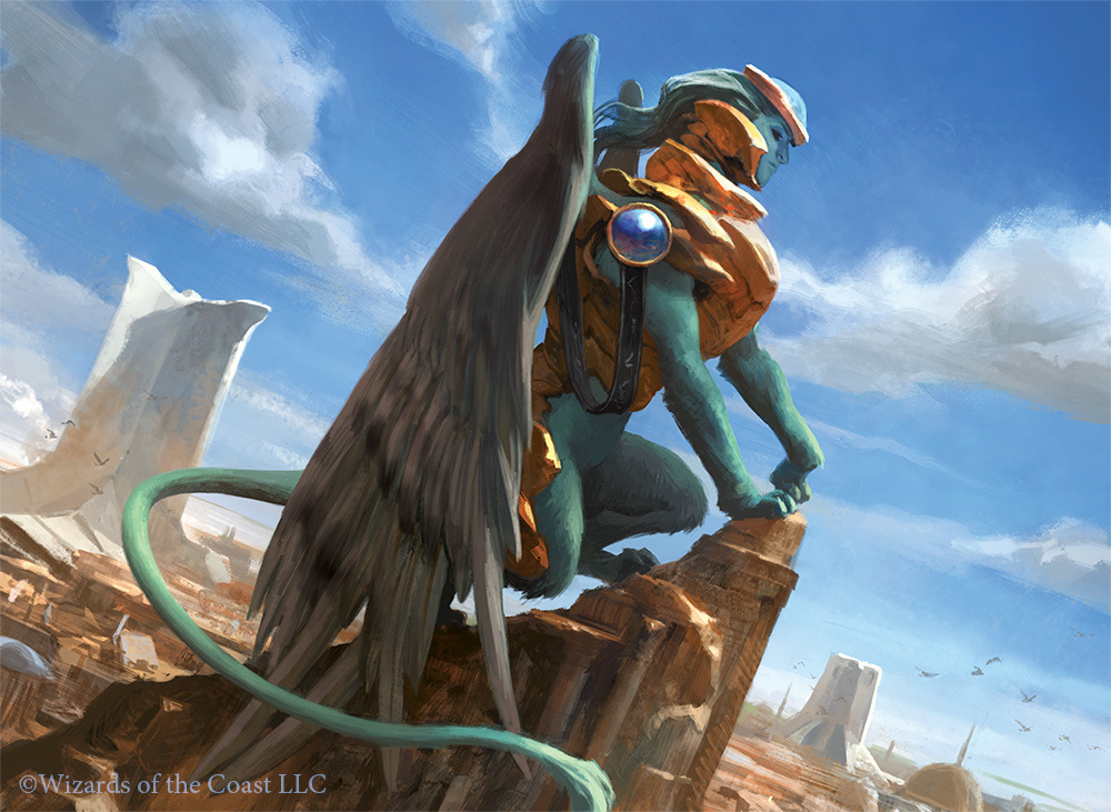 ambiguous_gender armor city cityscape dutch_angle feathered_wings feline feral magic_the_gathering mammal official_art quadruped side_view solo sphinx step_pose wesley_burt wings