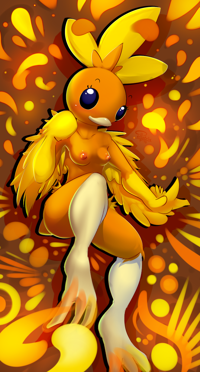 2015 3_toes abstract_background anthro areola avian barefoot beak bird blue_eyes blush breasts butt claws elpatrixf eyelashes feather female fire hi_res looking_at_viewer nintendo nipples pok&eacute;mon pok&eacute;morph shadow smile solo toe_claws toes torchic video_games wings