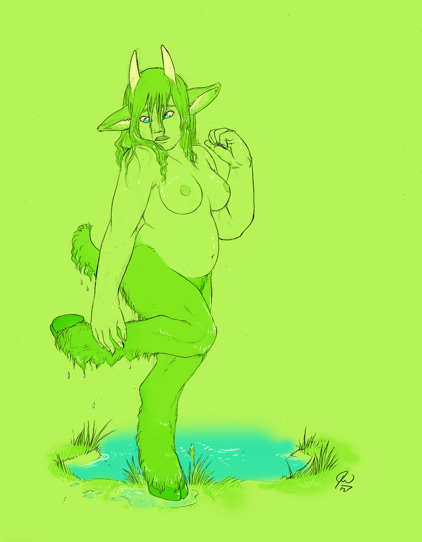 amber-aria anthro blue_eyes breasts chubby cloven_hooves female grass green_theme hooves horn monochrome pond satyr solo water