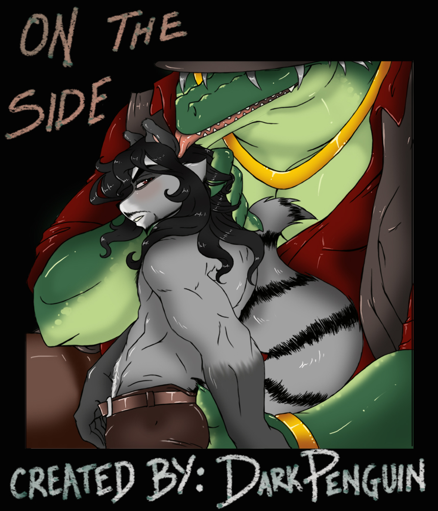 alligator anthro body_hair clothed clothing darkpenguin duo english_text facial_hair gay grope hair half-dressed happy_trail landon licking male mammal mustache otis raccoon reptile scalie text tongue tongue_out