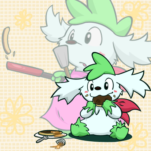3_toes abstract_background ambiguous_gender apron blush brown_nose clothing cooking cute eating flipping food fork fur green_fur kaba nintendo open_mouth pancake pok&eacute;mon shaymin shaymin_(sky_form) solo syrup toes video_games white_fur