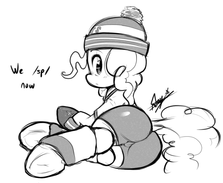 4chan beanie butt camel_toe clothed clothing english_text equine female feral football friendship_is_magic hair hat horse looking_back mammal monochrome my_little_pony pinkie_pie_(mlp) plain_background pony shorts solo starykrow text