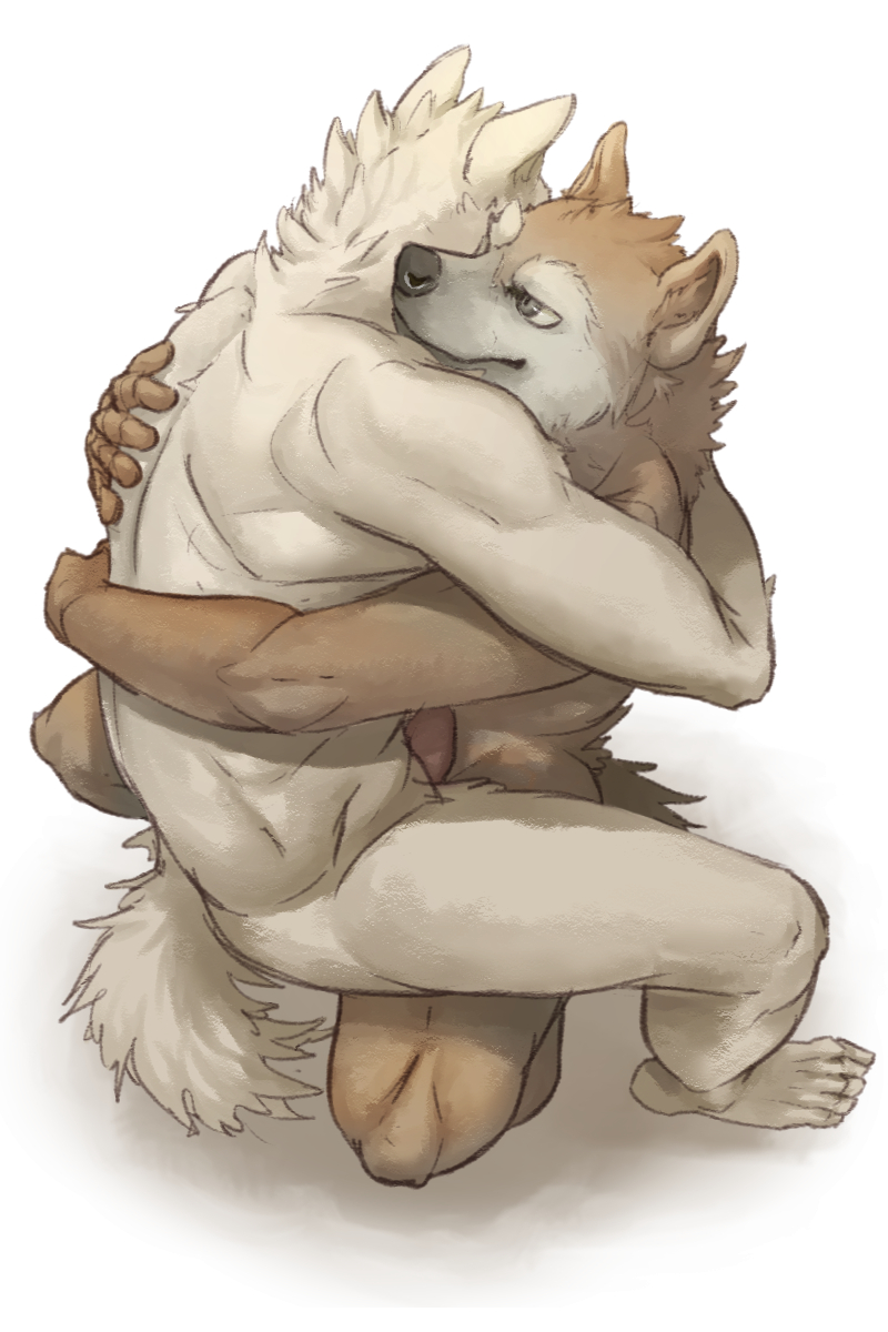 496549736_(artist) anthro canine dog duo erection fur gay holding hug kneeling male mammal muscles nude on_top penis sex smile white_fur
