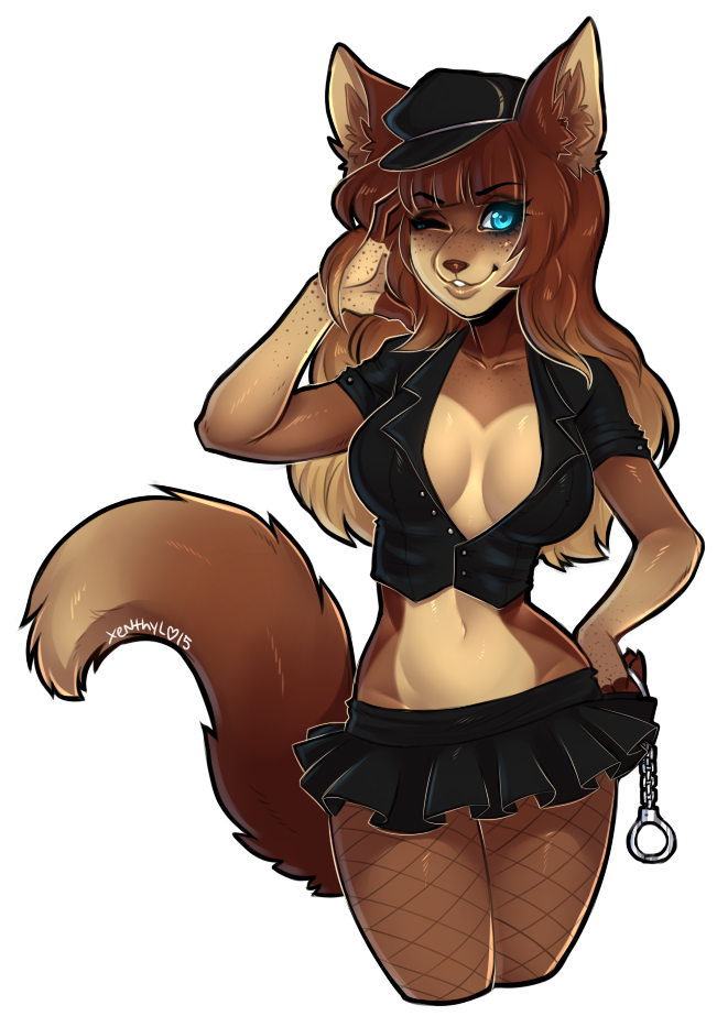 2015 anthro brown_fur brown_hair canine cleavage clothed clothing cuffs cyan_eyes female fishnet fox fur hair looking_at_viewer mammal skirt smile solo xenthyl