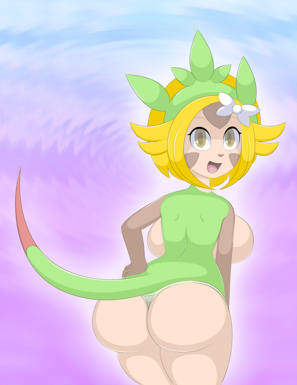 abstract_background anthro breasts bubble_butt butt chespin female hair looking_at_viewer looking_back nintendo nirriti pok&eacute;mon rear_view sariana_(aj_the_flygon) solo video_games