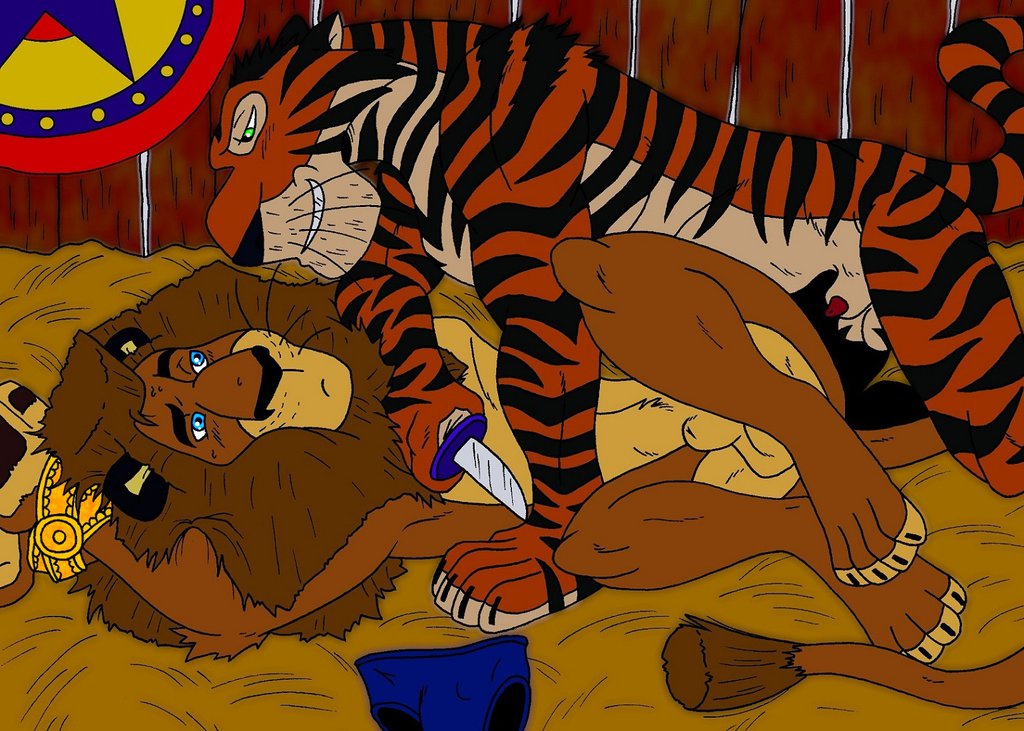 alex_the_lion bigger_version_at_the_source character_from_animated_feature_film dreamworks duo feline gay knife lion madagascar male mammal tiger vitaly_the_tiger