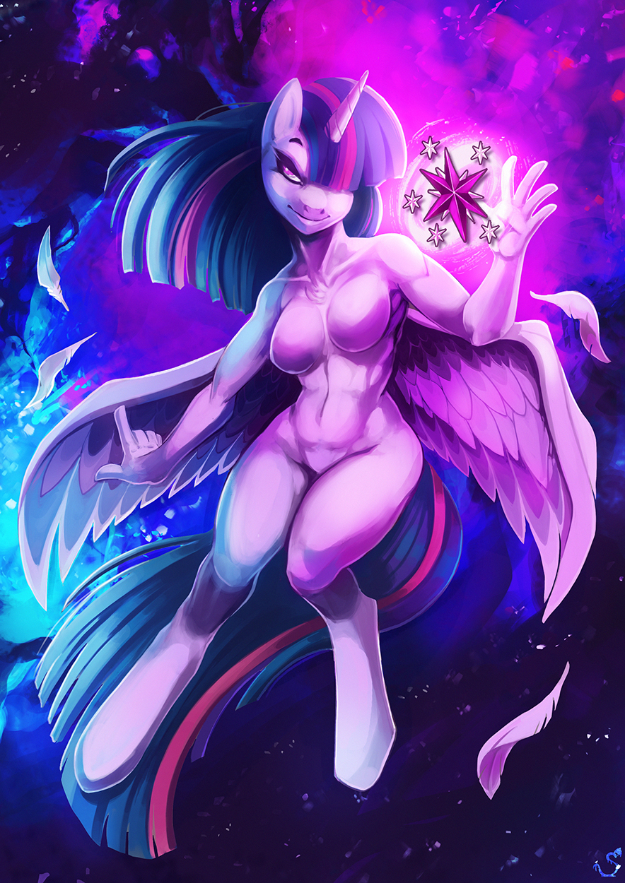 2015 anthro anthrofied breasts equine feather female friendship_is_magic glowing horn mammal my_little_pony nude purple_skin smile solo spirale twilight_sparkle_(mlp) winged_unicorn wings