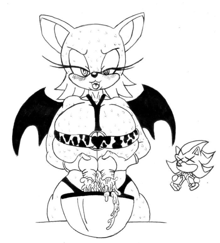 anthro big_breasts black_and_white breast_milking breasts clothing damian_hodge duo female huge_breasts hyper hyper_breasts lactating male milk monochrome nipples plain_background rouge_the_bat sega shadow_the_hedgehog sonic_(series) tongue tongue_out underwear