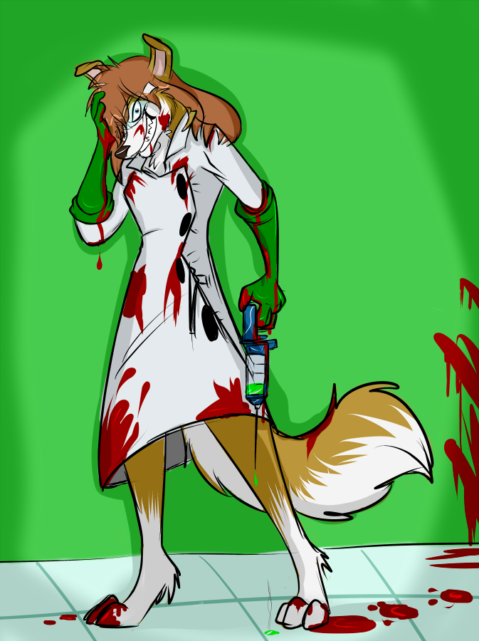 anthro blood blue_eyes brown_fur brown_hair canine dog eyewear female fur goggles hair lab_coat looking_at_viewer mad_scientist mammal needle rough_collie sirod smile sofia_fluttertail solo
