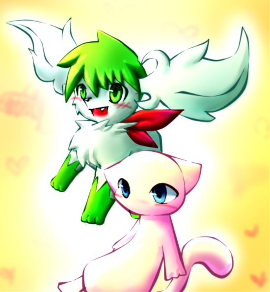 &lt;3 all_fours ambiguous_gender blue_eyes blush cute duo fur green_eyes green_fur legendary_pok&eacute;mon mew nintendo open_mouth pink_fur plain_background pok&eacute;mon shaymin shaymin_(sky_form) sitting teeth tongue unknown_artist video_games yellow_background