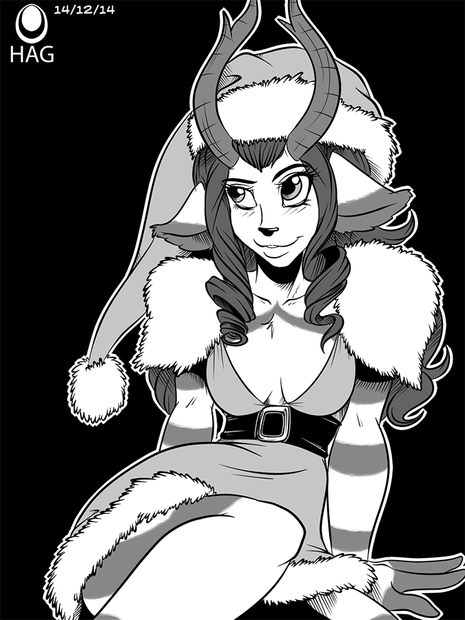 2014 antelope anthro avencri belt blush breasts chest_tuft christmas cleavage clothed clothing curly_hair female front_view fur greyscale hair hat holidays horn lace_(bracabrad) long_hair mammal monochrome santa_hat sitting smile solo tuft wide_hips