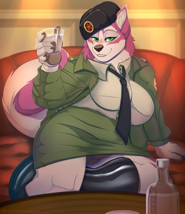 anthro camel_toe canine chubby dog female fur green_eyes hat husky looking_at_viewer mammal military pink_fur scappo skirt solo tavia uniform upskirt white_fur