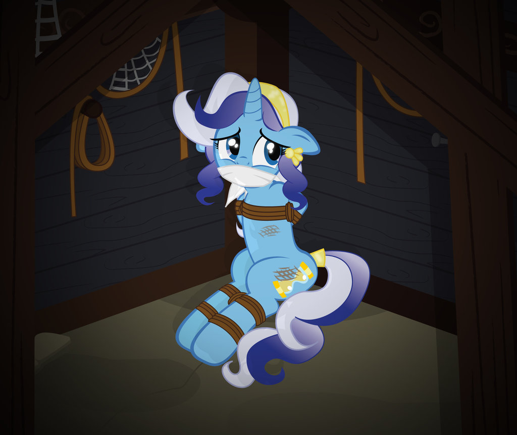 2014 bdsm blue_eyes bondage bound cobwebs colgate_(mlp) cutie_mark equine female friendship_is_magic gag gold hair hairband horn inside mammal my_little_pony piercing radiantrealm rope rope_bondage sitting solo two_tone_hair unicorn