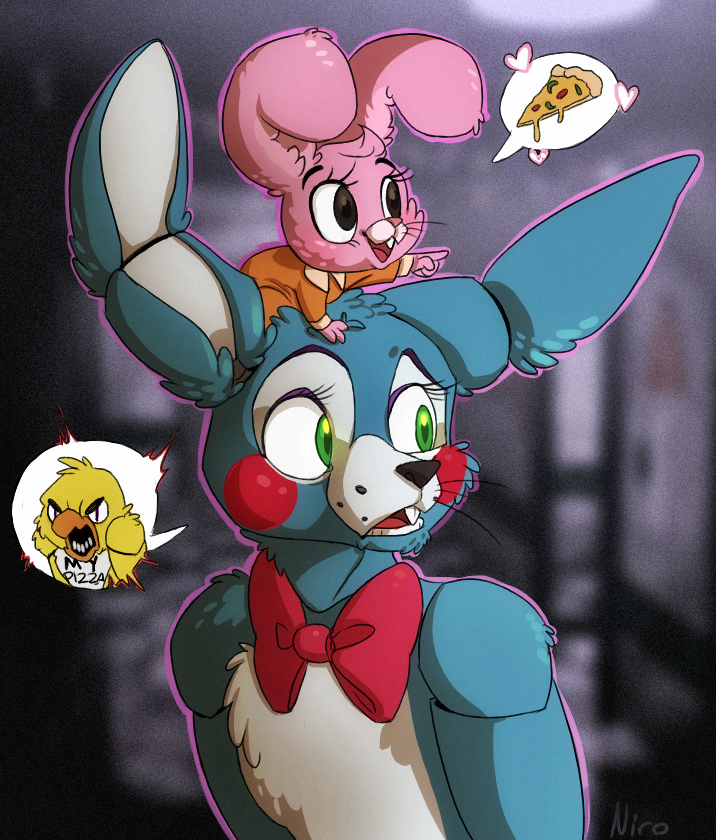anais_watterson animatronic anthro avian bird chica_(fnaf) chicken duo female five_nights_at_freddy's five_nights_at_freddy's_2 food green_eyes lagomorph machine male mammal mechanical pizza rabbit robot the_amazing_world_of_gumball toy_bonnie_(fnaf) unseen_character xnirox