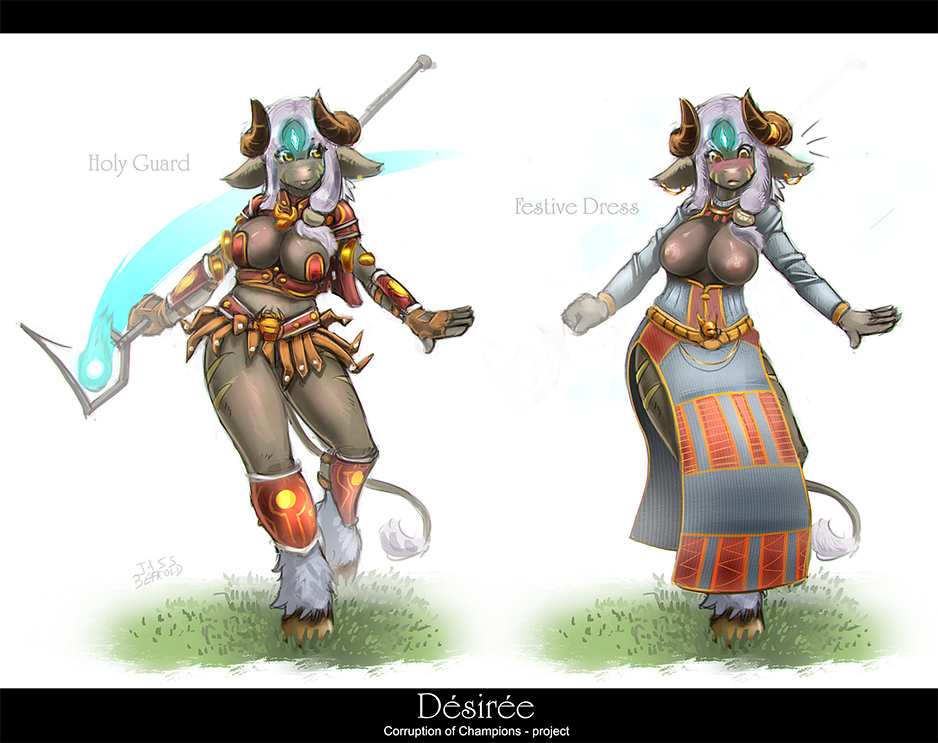 anthro armor blush bovine breasts clothed clothing corruption_of_champions duo female hair hooves horn jassbefrold mammal markings nipples skimpy white_hair yellow_eyes