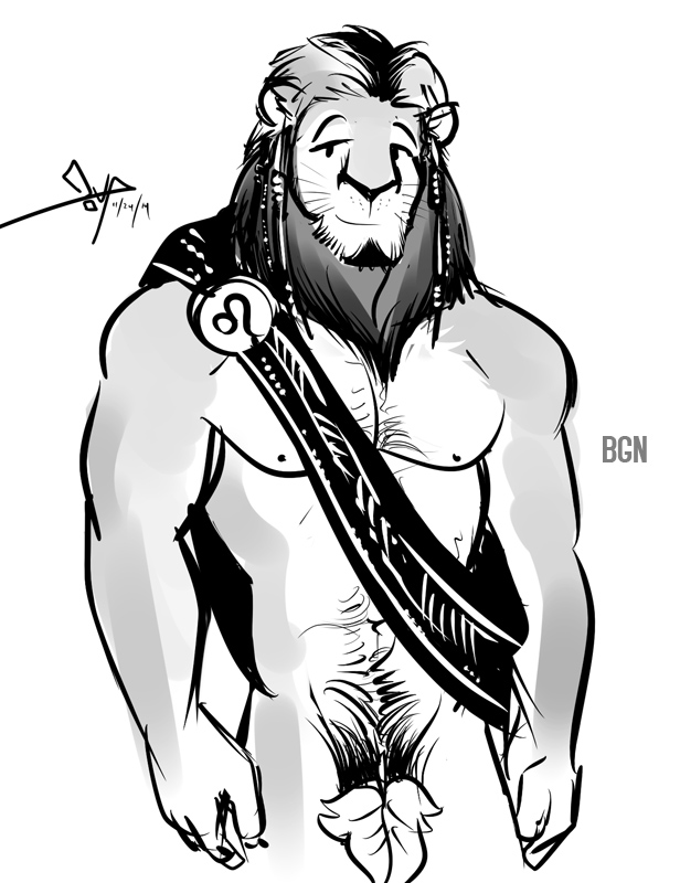 abs anthro bgn body_hair facial_hair feline greyscale leaf lion male mammal monochrome muscles plain_background pubes solo white_background