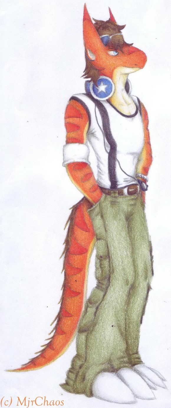 3_toes anthro armband belt big_ears big_feet blue_eyes bracelet brown_fur brown_hair buckles caleb_magness clothed clothing eyewear fur furgon glasses hair harlequin_furgon headphones jewelry leather long_tail male matile orange_body orange_scales pants pockets quin_mckee scalie shirt smile solo standing toes watch