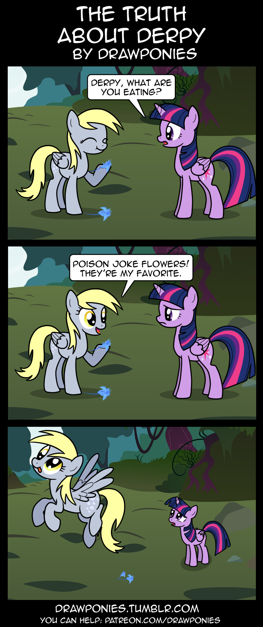 2015 blonde_hair bush comic derp_eyes derpy_hooves_(mlp) dialogue drawponies duo eating english_text equine female feral flying forest friendship_is_magic hair horn mammal multicolored_hair my_little_pony pegasus plant poison_joke purple_eyes purple_hair text tree twilight_sparkle_(mlp) winged_unicorn wings