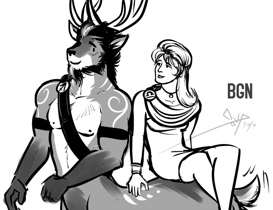 anthro bgn cervine deer duo facial_hair female horn human male mammal muscles riding riding_sidesaddle taur