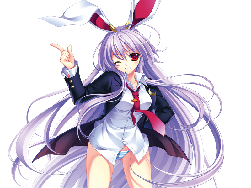 animal_ears blazer bunny_ears jacket long_hair necktie no_pants non-web_source one_eye_closed panties purple_hair red_eyes reisen_udongein_inaba riv solo striped striped_panties touhou transparent_background underwear very_long_hair