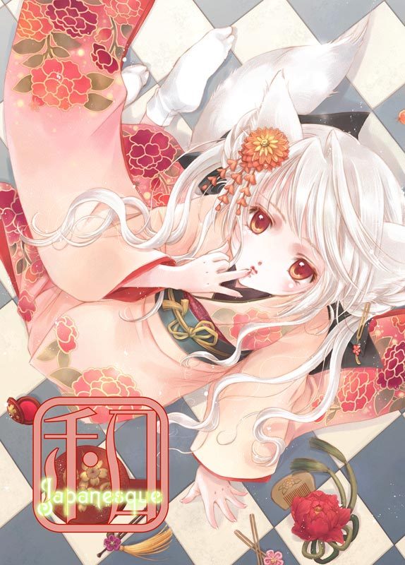 albino animal_ears checkered comb finger_to_mouth flower from_above hair_flower hair_ornament japanese_clothes kimono lips long_hair looking_up minakami_kaori obi orange_eyes original sash silver_hair sitting solo tail wide_sleeves wolf_ears