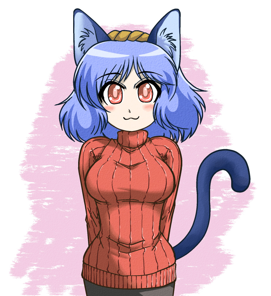 :3 alternate_costume animal_ears arms_behind_back blue_hair blush breasts cat_ears cat_tail contemporary iwatobi_hiro kemonomimi_mode large_breasts looking_at_viewer red_eyes ribbed_sweater skirt solo standing sweater tail touhou turtleneck yasaka_kanako