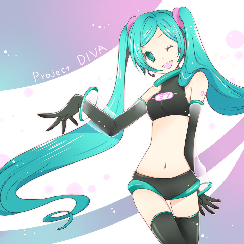 aqua_eyes aqua_hair bad_id bad_pixiv_id detached_sleeves elbow_gloves gloves hatsune_miku headphones headset long_hair matsyumaro midriff one_eye_closed project_diva project_diva_(series) shorts smile solo space_channel_39_(module) thighhighs twintails vocaloid