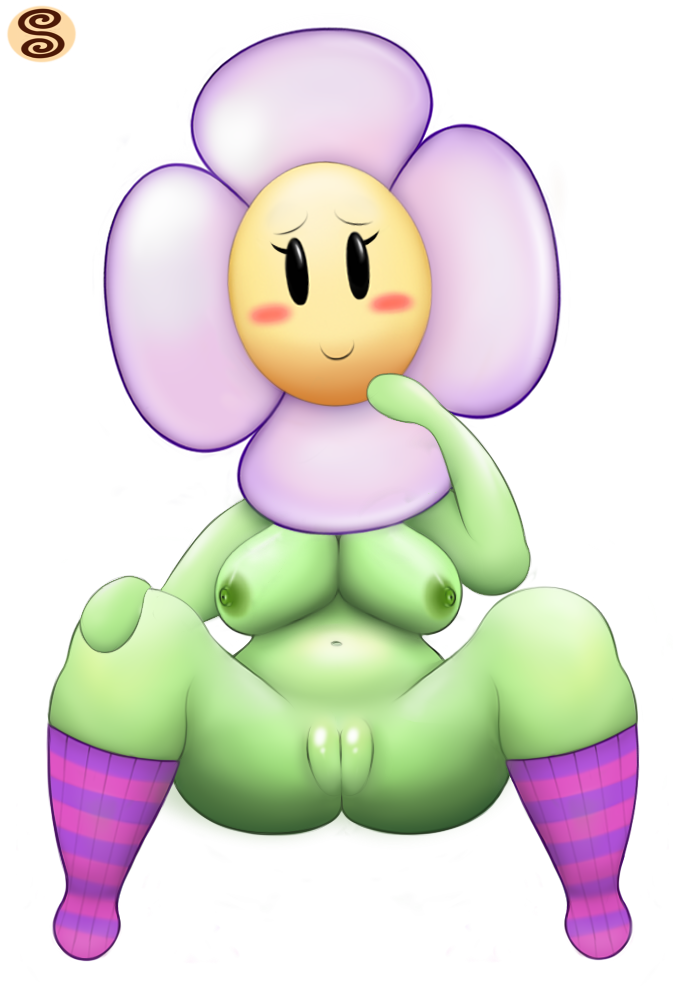 blush breasts crazee_dayzee female flora_fauna floriaselle green_nipples green_skin looking_at_viewer mario_bros nintendo nipples paper_mario plant pussy smile socks solo swizzle video_games