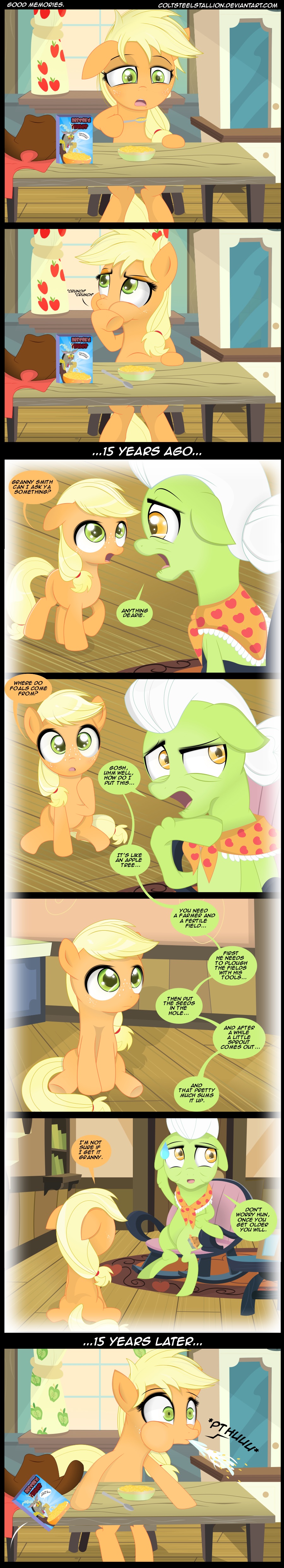 2015 amber_eyes antlers applejack_(mlp) blonde_hair bowl coltsteelstallion comic cowboy_hat curtains dialogue discord_(mlp) eating english_text equine female freckles friendship_is_magic granny_smith_(mlp) green_eyes hair hat horn horse mammal my_little_pony pony red_eyes saliva spit_take spoon text tired white_hair window