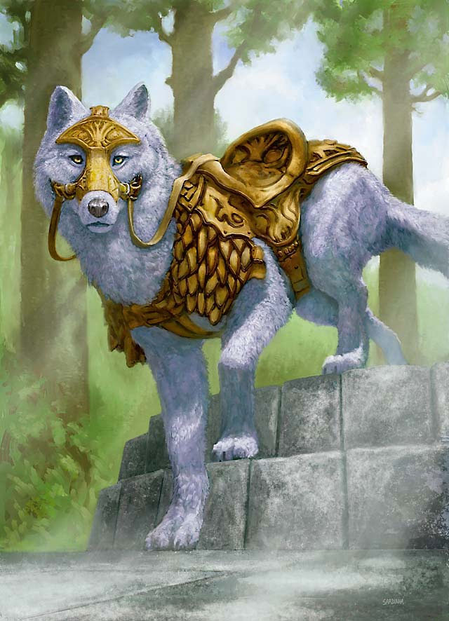 ambiguous_gender armor canine clothed clothing feral landscape looking_at_viewer low-angle_shot magic_the_gathering mammal official_art quadruped reins richard_sardinha saddle solo standing steps voja wolf