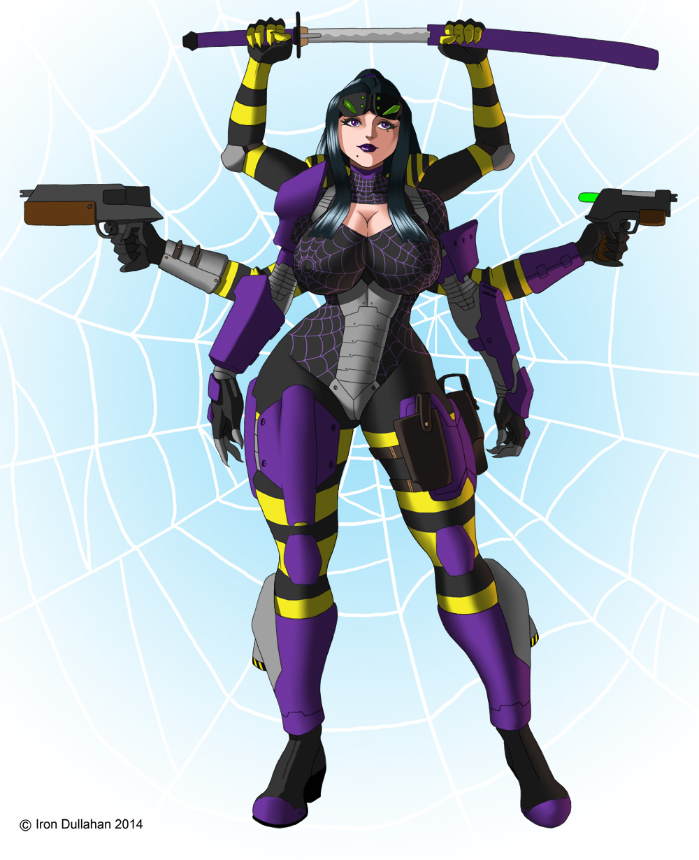 arachnid armor arthropod beauty_mark big_breasts black_hair bodysuit bounty_hunter breasts cleavage cleavage_cutout clothed clothing eyewear female goggles gun hair humanoid iron-dullahan japanese lips long_hair milf monster monster_girl mother multi_limb multiple_arms onikumo parent purple_eyes purple_lips ranged_weapon skinsuit solo sword tight_clothing voluptuous weapon wide_hips