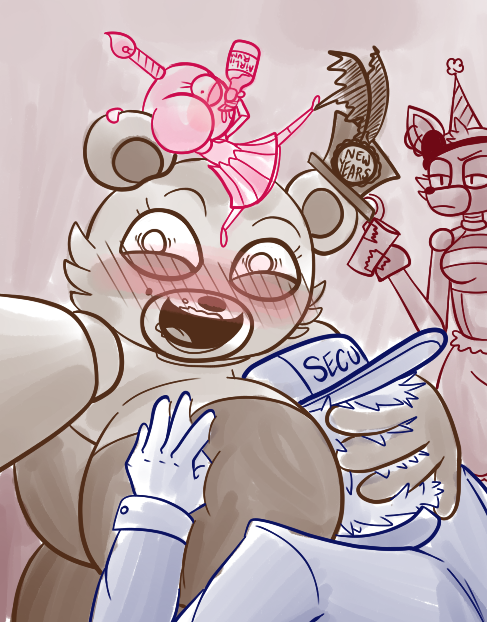 alcohol animatronic anthro bear beverage big_breasts blush breasts candle canine crossgender cupcake_(fnaf) drinking drunk eye_patch eyewear faceless_male female five_nights_at_freddy's fox foxy_(fnaf) freddy_(fnaf) group hat holidays hook hug huge_breasts human looking_at_viewer machine male mammal mechanical mike_schmidt new_year party_hat robot selfie snaxattacks