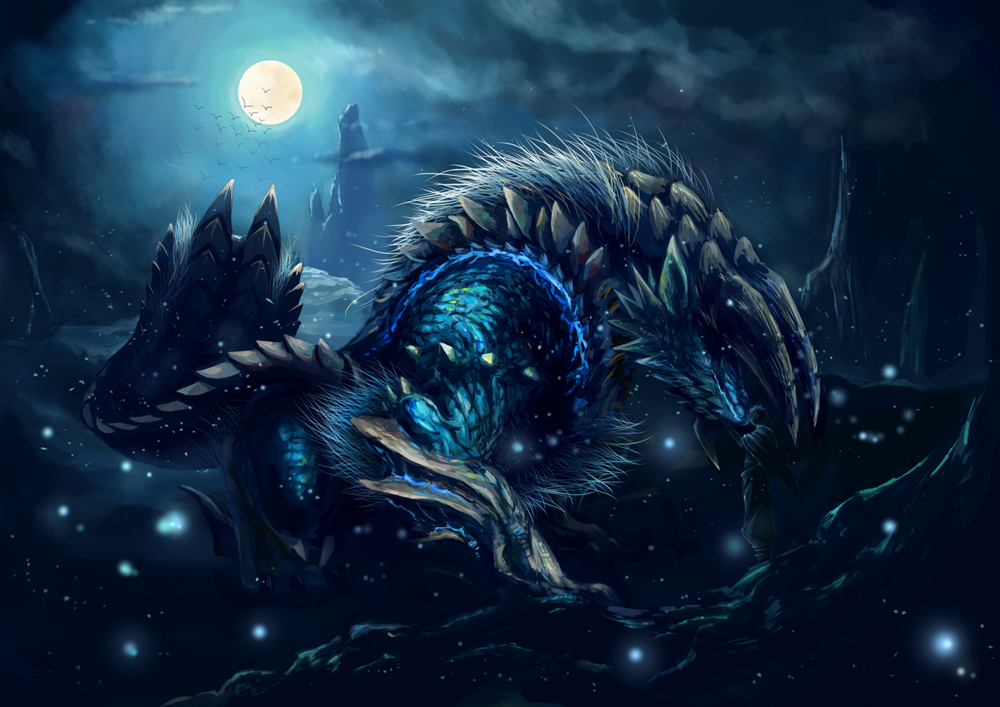 ambiguous_gender blue_scales blue_theme capcom claws clothed clothing cloud detailed_background duo eye_contact fanged_wyvern feral fur human light mammal monster_hunter moon mountain night outside rock scales scalie size_difference sky video_games white_fur white_scales wolfsdream wyvern zinogre