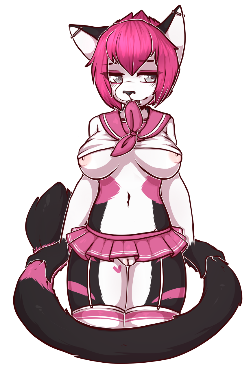 alpha_channel anthro blush breasts cat clothed clothing feline female legwear lip_ring mammal navel piercing plain_background pussy skimpy skirt snakebites solo standing stockings transparent_background under_boob zyira
