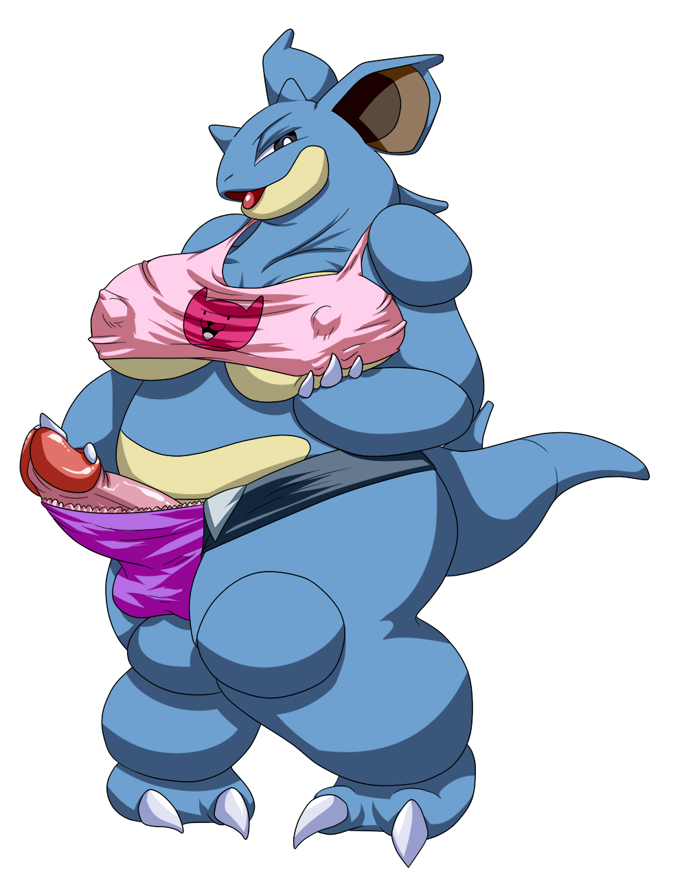 big_breasts big_penis breasts bulging_clothes clothing cutoffs darthglacier denim_shorts dickgirl intersex nidoqueen nintendo overweight penis pok&eacute;mon shirt shorts solo video_games wide_hips