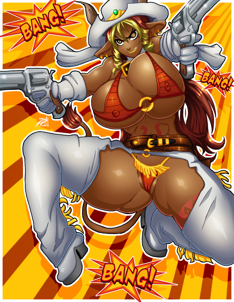 amber_eyes big_breasts big_thighs bikini_top boots bovine breasts camel_toe chaps cleavage clothed clothing cowbell cowboy_hat dark_skin darkereve ear_piercing excellia_(coc) female fur gloves gun hair hat horn huge_breasts human lipstick looking_at_viewer mammal milf minotaur mother panties parent piercing ranged_weapon red_hair revolver skimpy solo tail_tuft tattoo thick_thighs thong tuft two_tone_hair underwear voluptuous weapon