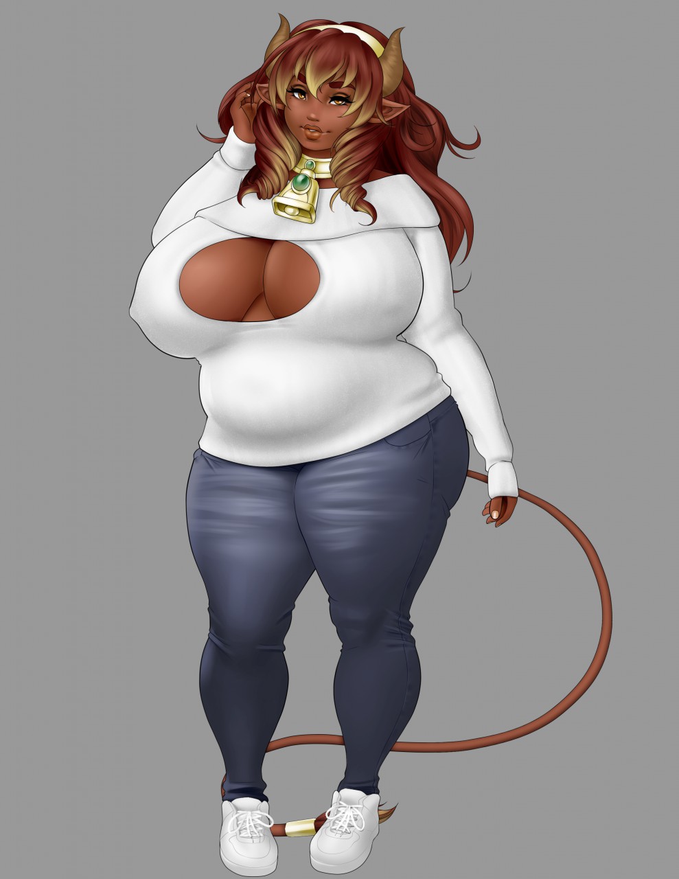 2015 big_breasts breasts cleavage clothed clothing corruption_of_champions excellia_(coc) female hair horn huge_breasts ketsuga looking_at_viewer milf minotaur mother parent smile solo two_tone_hair