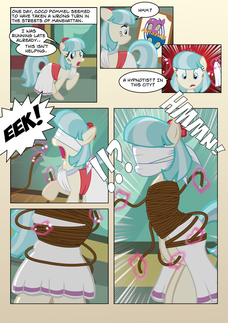 !!? 2015 bdsm blindfold blue_eyes blue_hair bondage bound coco_pommel_(mlp) comic dress equine female friendship_is_magic gag glowing hair horse levitation magic mammal my_little_pony pony radiantrealm rope rope_bondage sparkles two_tone_hair