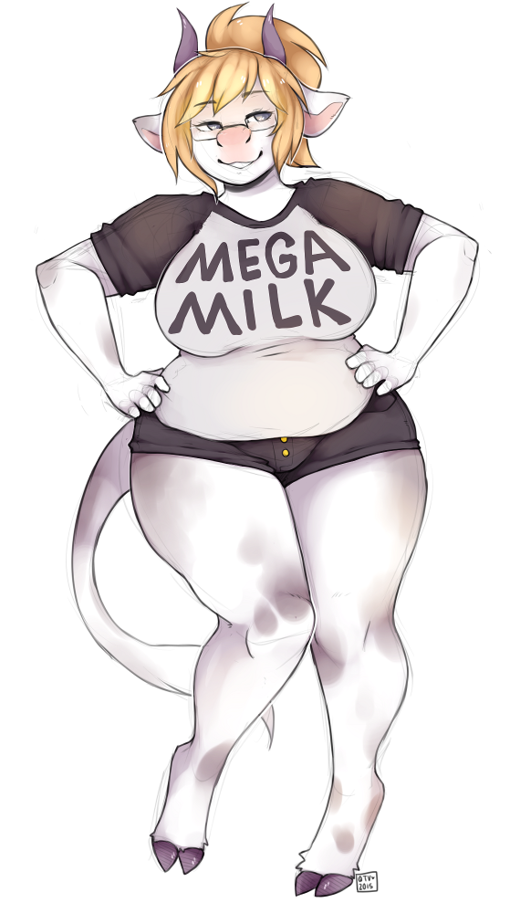 anthro big_breasts big_thighs blonde_hair bovine breasts cattle chubby clothed clothing cutievomit eyewear female georgina_tripplehorn glasses hair hooves horn looking_at_viewer mammal mega_milk ponytail shirt shorts solo thick_thighs